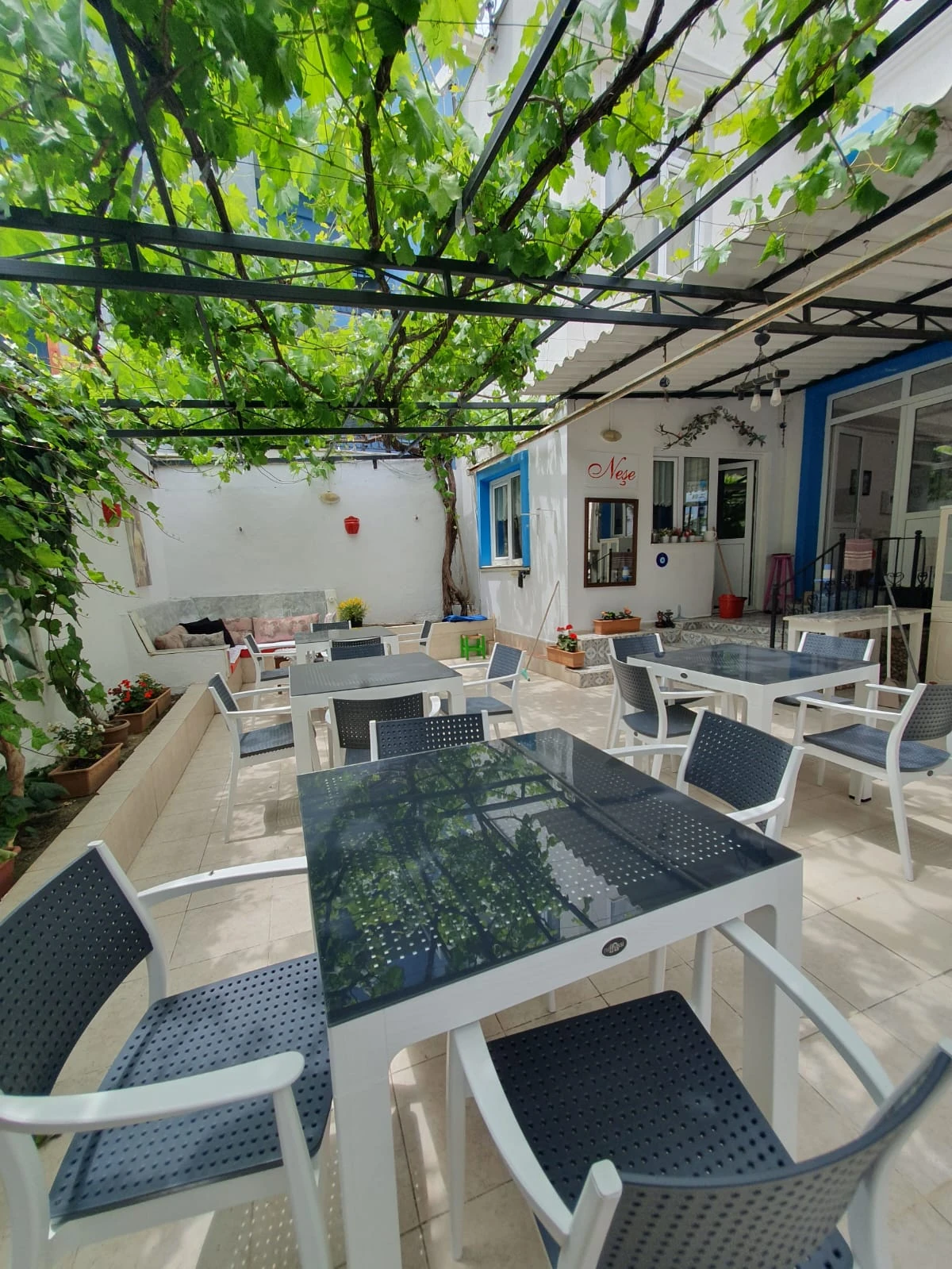 Neşe Hotel Çeşme — Sitzbereich im Garten unter der Weinpergola